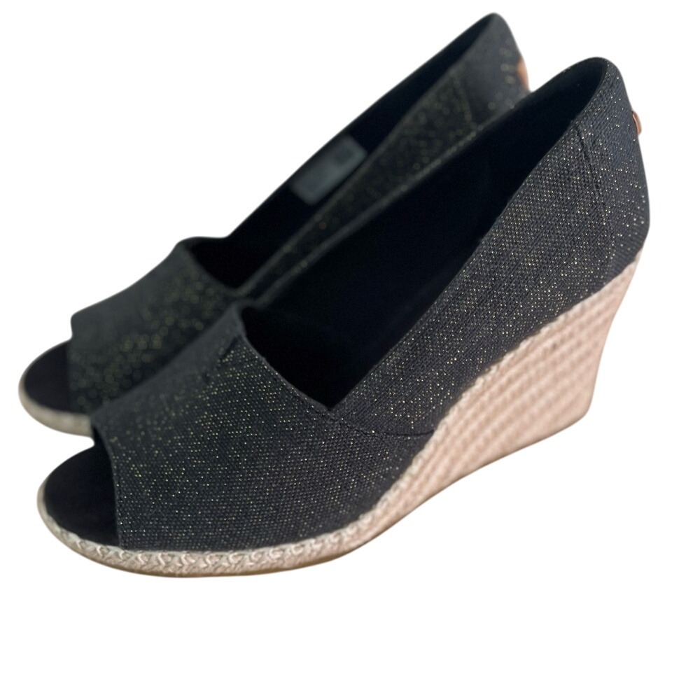 Tom's Classic‎ Black Denim+Gold Wedge Peep Toe Espadrille Heels SZ 10 Never Worn - Picture 2 of 8